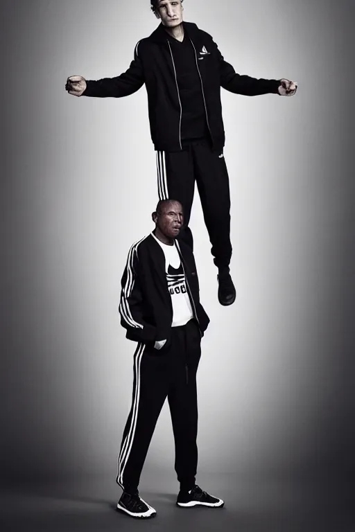 Image similar to full body photo. extreme long shot. man in black jacket and white!!! adidas!!! pants!!!. serious face. by Martin Schoeller