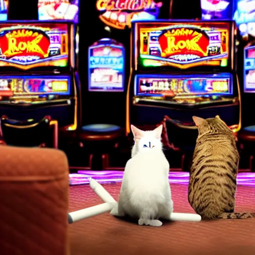 Prompt: cats sitting at the slot machines in a casino gambling and smoking cigarettes