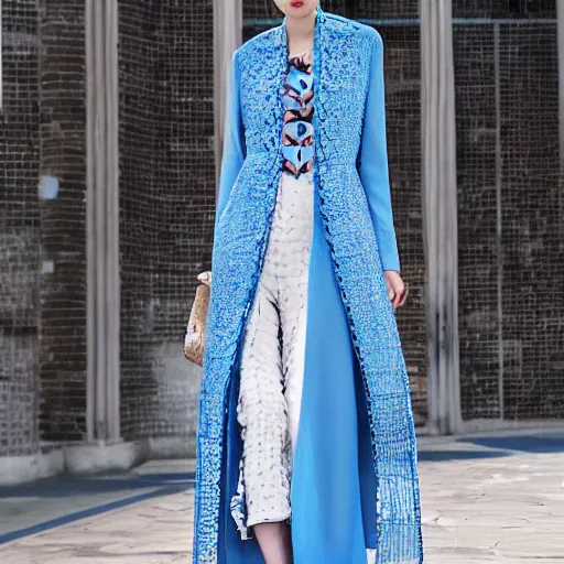 Image similar to fashion 2 0 5 0 fantastic openwork long coat with intricate pattern on a beautiful symmetrical girl with blue hair, hyper realistic photos