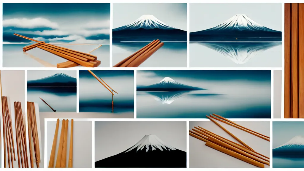 Prompt: a variety of handmade wooden chopsticks, avant - garde design, at the edge of yamanaka lake reflecting mount fuji overcast sky, a collage painting, in the style of wes anderson, lola dupre, david hockney, isolated on negative white space background dark monochrome neon spraypaint accents volumetric octane render