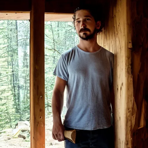Prompt: shia labeouf in a cabin siting down, sharping an axe at a grind stone, dark interior, horror movie, far away, outside is forest, light out side shinning into window
