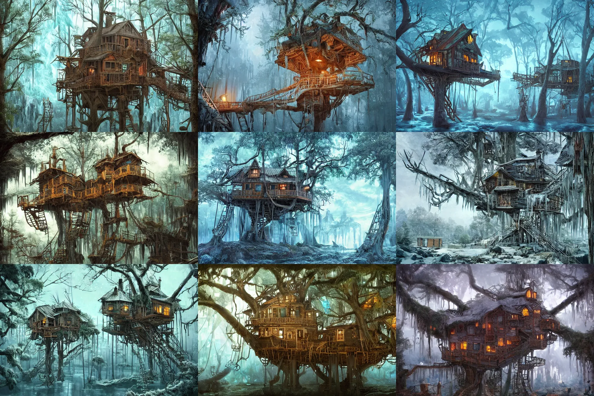 Prompt: ice, A treehouse made out of a derelict pirate ship, the treetops of giant oaks, detailed illustration, digital art, overdetailed art, concept art, highly saturated colors, detailed illustration, hd, 4k, digital art, cgsociety and beeple highly detailed, cinematic lighting, illustration, art, very coherent. high detail, Dan Mumford, Greg, Rutkowski, trending on artstation