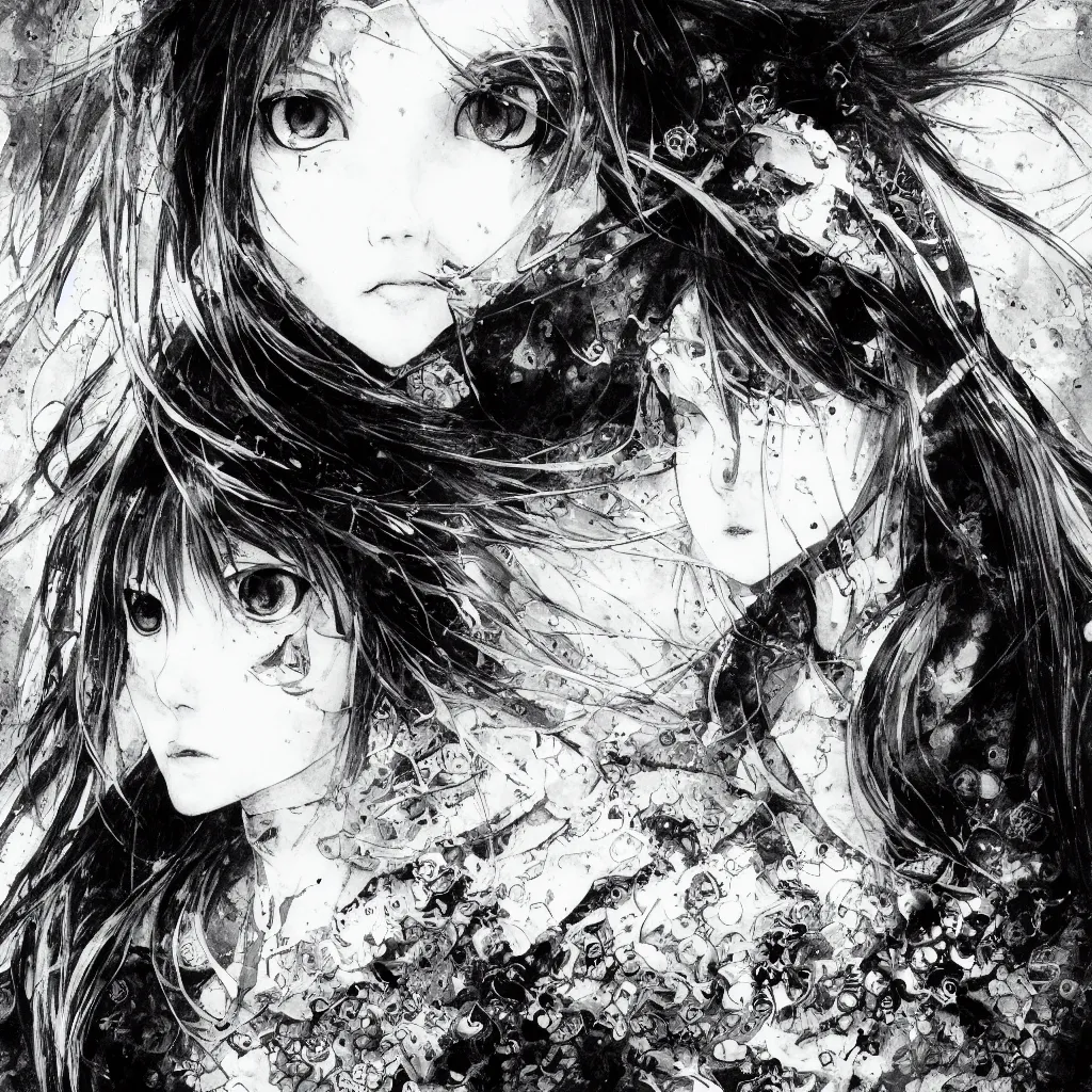 Image similar to Yoshitaka Amano blurred and dreamy illustration of an anime girl with pirate eye patch, wavy white hair and cracks on her face wearing Elden ring armour with the cape fluttering in the wind, abstract black and white patterns on the background, noisy film grain effect, highly detailed, Renaissance oil painting, weird portrait angle