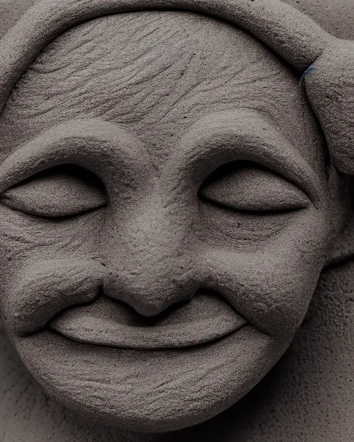 Prompt: dark grey clay sculpture of a smiling face melting | rough structure | uhd | high contrast