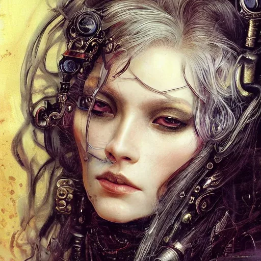 Image similar to portrait, headshot, insanely nice professional hair style, dramatic hair color, digital painting, of a old 17th century, old cyborg merchant, amber jewels, baroque, ornate clothing, scifi, realistic, hyperdetailed, chiaroscuro, concept art, art by Franz Hals and Jon Foster and Ayami Kojima and Amano and Karol Bak,