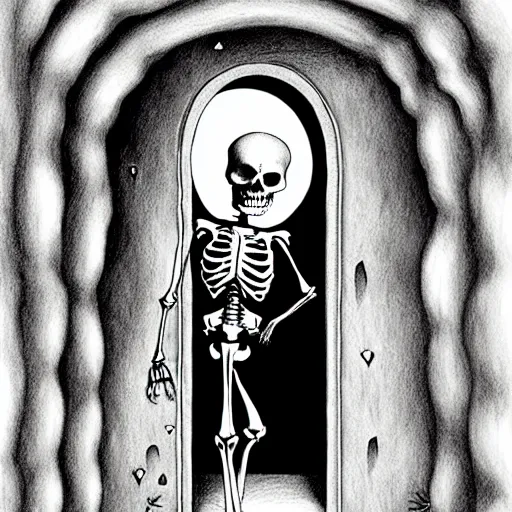 Image similar to storybook illustration of an open wardrobe revealing the entrance to a fantastic world featuring surreal horror skeleton, storybook illustration, monochromatic