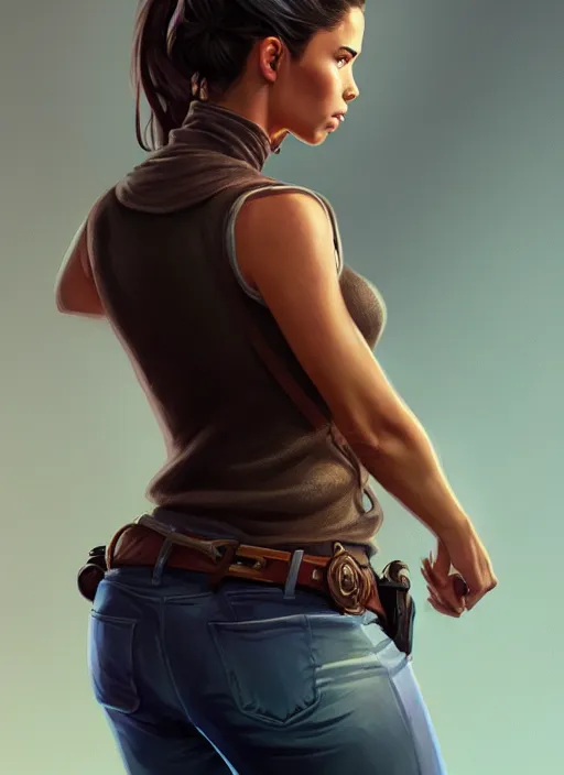 Image similar to portrait of a full body of beautiful young female detective, d & d, sleeveless turtleneck, fantasy, flat lighting, intricate, highly detailed, digital painting, artstation, concept art, smooth, sharp focus, illustration, adriana lima, art by simon bisley and greg rutkowski and alphonse mucha, natural tpose