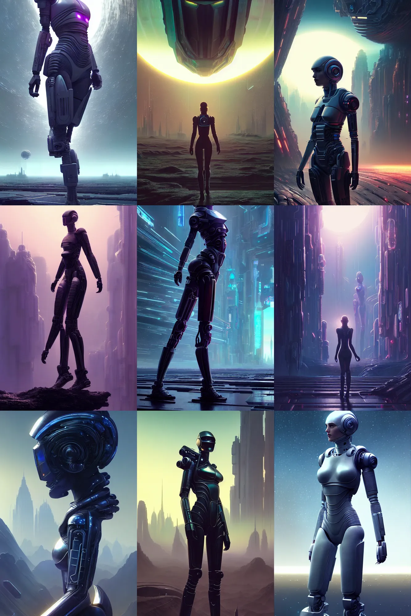 Image similar to wanderer, beautiful female android!, intricate detailed environment, photorealistic!, octane render, mechanical, concept art, cinematic lighting, digital art, interstellar, hyper realism, sharp, cyberpunk, bladerunner, 8 k. by angus mckie, moebius, maciej kuciara, stanley lau, artgerm, greg rutkowski