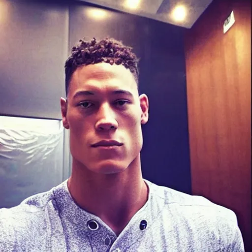 Image similar to “a realistic detailed photo of a guy who is an attractive humanoid who is half robot and half humanoid, who is a male android, baseball player Aaron Judge, shiny skin, posing like a statue, blank stare”