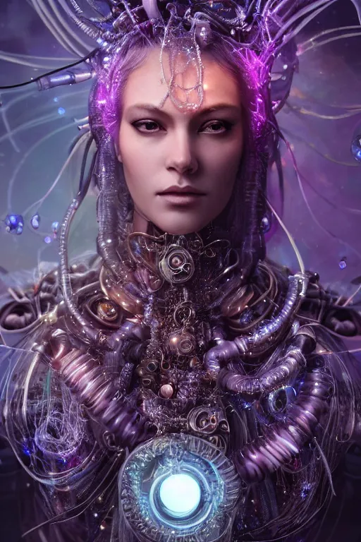 Image similar to a centered render of an alluring majestic post apocalyptic cyborg goddess wearing flowing silk gemstones and crystals and leather clothing surrounded by bio - luminescent jellyfish and sacred geometry, perfect body and face, gorgeous, cinematic, beautifully lit, by artgerm, by karol bak, by donato giancola, 3 d, trending on artstation, octane render, 8 k