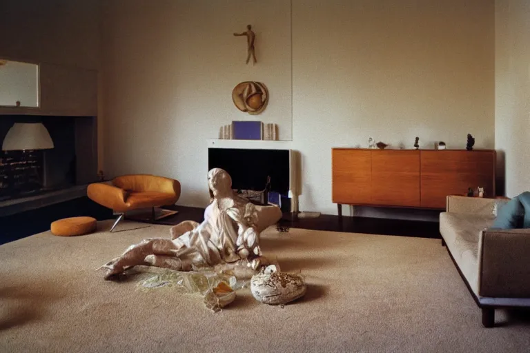 Image similar to photograph of sculpture radiating esoteric energy in modernist living room, crisp focus, highly detailed, in jeff wall style, 3 5 mm ektachrome