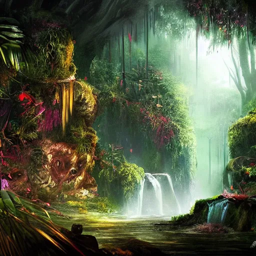 Prompt: 4k dark fantasy artwork , deep jungle , teaming with unseen life