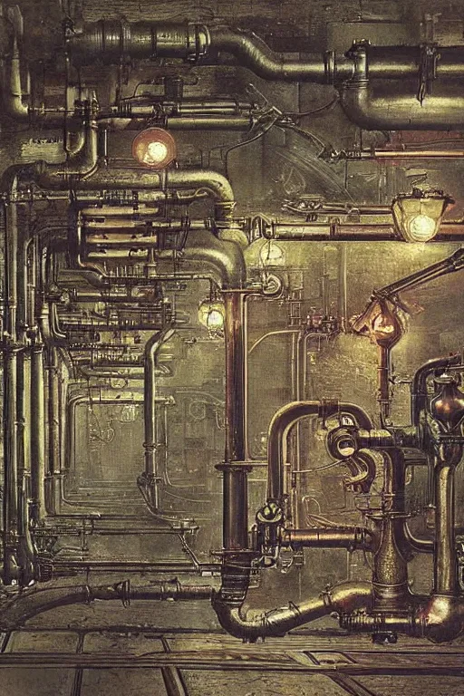 Image similar to beautiful matte steampunk wall of steampipes by john atkinson grimshaw