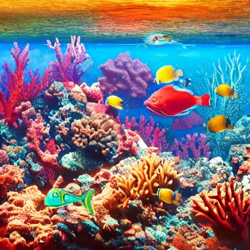 Prompt: A beautiful underwater scene with coral and colorful fish, majestic, award-winning, by sandro boticceli and Hayao Miyazaki
