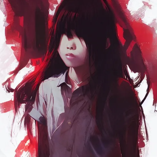 Image similar to full body portrait of a korean schoolgirl with long hair and bangs, her arms are mutating into thin red tedrils, dramatic lighting, illustration by Greg rutkowski, yoji shinkawa, 4k, digital art, sci-fi horror concept art, trending on artstation