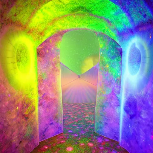 Prompt: Portal inside Human Head Tetragrammaton Intergalactic Psychedelic Spirituality Foreign terrain Detailed scenery Haunted Beautiful Iridescent Holographic Neon Vibrant Colorful Metallic Gradient Photo realistic HDR 8K Depth of field Vray