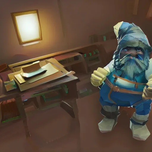 Prompt: A dwarf peeking over his desk surprised, the desk is covered in scattered papers, deep rock galactic screenshot, low poly, digital art.