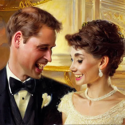 Image similar to detailed painting of attractive prince william marrying attractive audrey hepburn, highly detailed painting by gaston bussiere, craig mullins, j. c. leyendecker 8 k, smiling couple, royal painting, human face