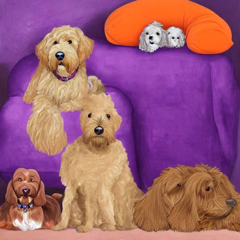 Image similar to a portrait of a royal throne flanked by an orange tabby sitting on a floating purple pillow to the left and a brown goldendoodle sitting on a floating purple pillow to the right, oil on canvas, soft lighting, 8 k