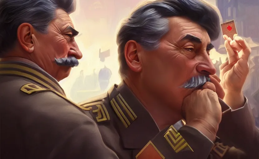 Image similar to angry realistic josef stalin trading bitcoin in front of computer trading bitcoin, portrait, highly detailed, hyperrealistic, digital painting, artstation, concept art, smooth, sharp focus, illustration, cinematic lighting, art by artgerm and greg rutkowski and alphonse mucha