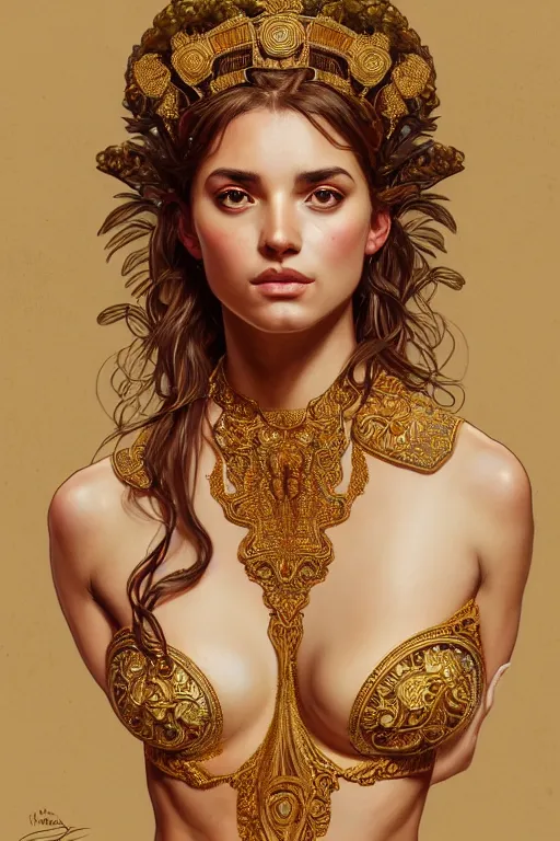 Image similar to body portrait of beautiful greek goddess, wearing an ornate toga with intricate floral patterns, by terry o'neill intricate, elegant, highly detailed, digital painting, glistening skin, artstation, concept art, smooth, sharp focus, bold lighting, illustration, art by artgerm and greg rutkowski and alphonse mucha, 8 k