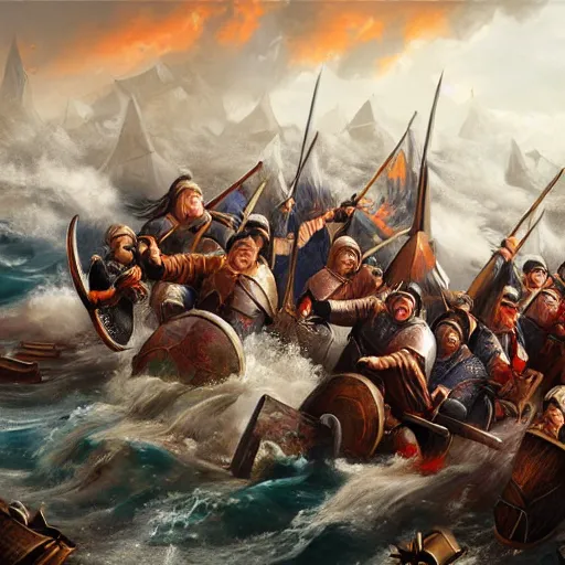 Prompt: an epic painting of vikings invading modern china, realistic, 4 k, 8 k, hyper detailed, oil on canvas, hd,