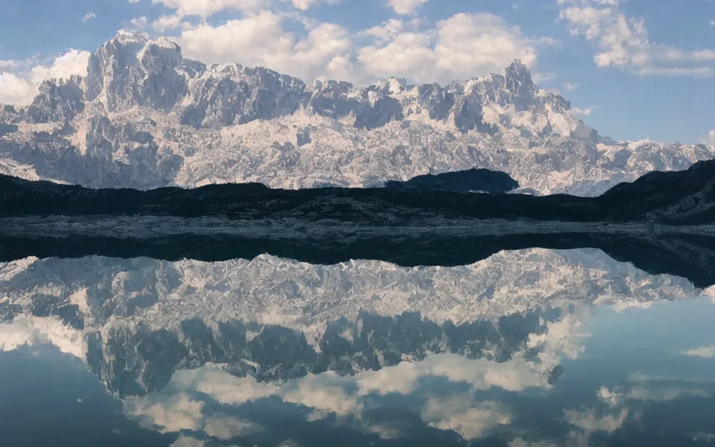 Prompt: the alps and reflection in a lake in the style of georgia o keefe