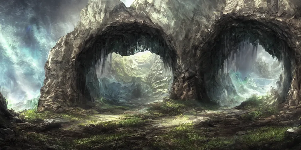 Image similar to beautiful matte painting of a fantasy cave entrance