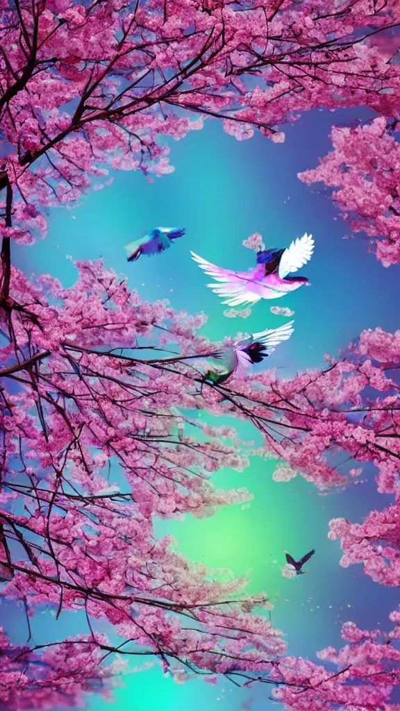 Prompt: holograph, pigeon flying among cherry blossoms, glitchpunk, neon