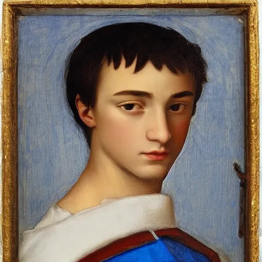 Image similar to a handsome Spanish teenage boy with dark hair and blue eyes, sharp jawline with a light beard, done in the style of a renaissance royal portrait