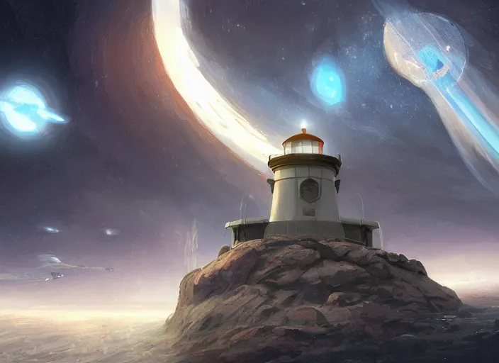 Image similar to a lighthouse in space, meteors, air shot, elegant, digital painting, concept art, smooth, sharp focus, illustration, from StarCraft by Ruan Jia and Mandy Jurgens and Artgerm and William-Adolphe Bouguerea