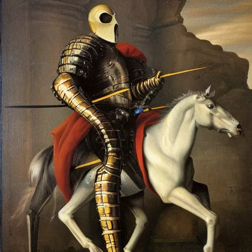 Image similar to a realistic painting by Raffaello Sanzi depicting the knight in shining armor with the head of the symbiotic Venom in the Renaissance.