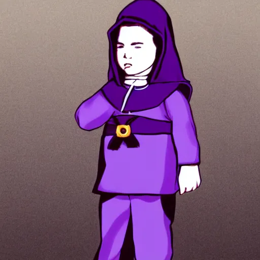 Image similar to little boy wearing nun outfit, purple and black color palate, artwork in western comic art style, inspired in hirohiko araki