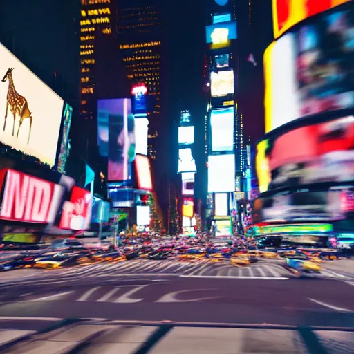 Image similar to a still of a giraffe stand in the intersection at times square. motion blur