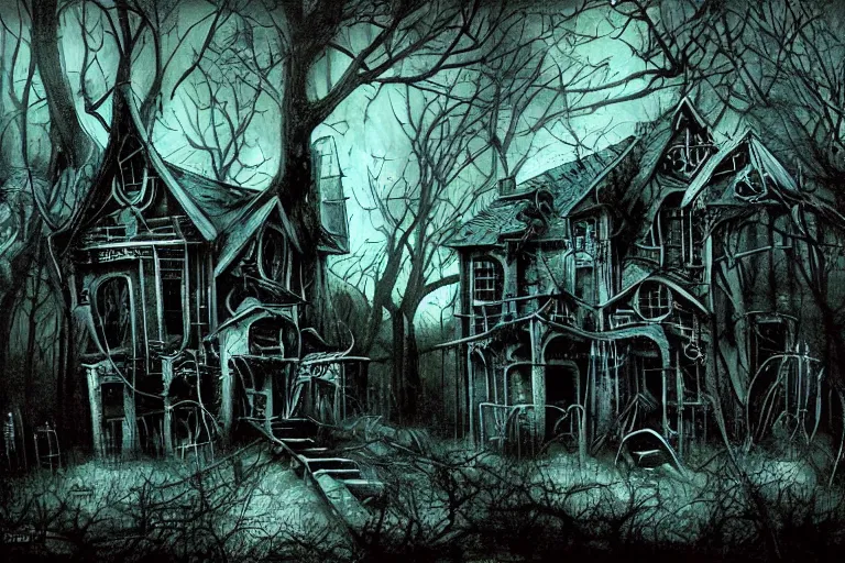 Prompt: mad horror painting of a futuristic alien witch house in the woods by ben templesmith