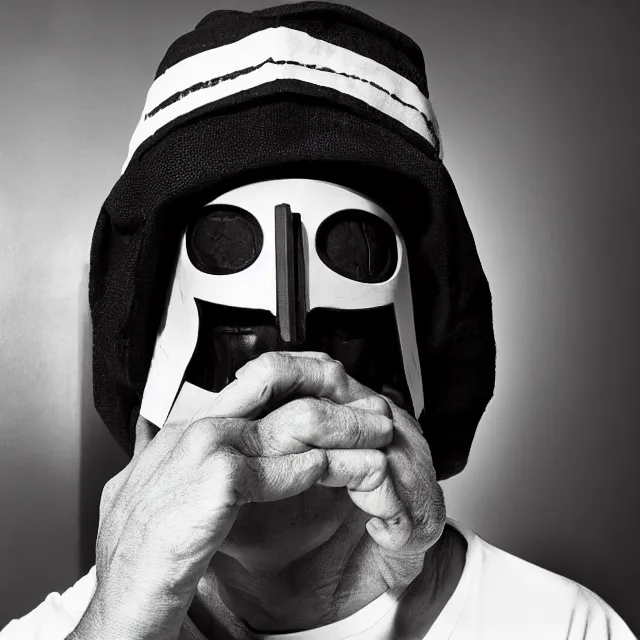 Prompt: a close-up black-and-white studio portrait of Roberto Bolaños Chaves El Chavo del Ocho wearing the MF Doom mask. Madvillain album cover