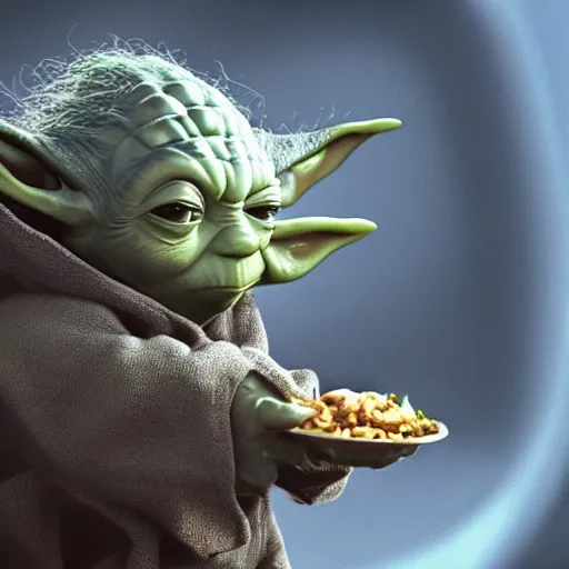 Image similar to A still of Yoda eating pabellón, 4k, photograph, ultra realistic, highly detailed, professional lighting