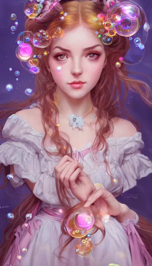 Image similar to portrait of magical lolita girl, dreamy and ethereal, expressive pose, big gold eyes, exciting expression, fantasy, intricate, elegant, many rainbow bubbles, rose tones, highly detailed, digital painting, artstation, concept art, cyberpunk wearing, smooth, sharp focus, illustration, art by artgerm and greg rutkowskiand alphonse mucha