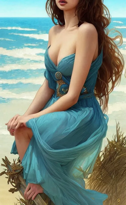 Prompt: a beautiful ana de armas wearing a sundress on the beach, d & d, fantasy, intricate, elegant, highly detailed, digital painting, artstation, concept art, matte, sharp focus, illustration, art by artgerm and greg rutkowski and alphonse mucha