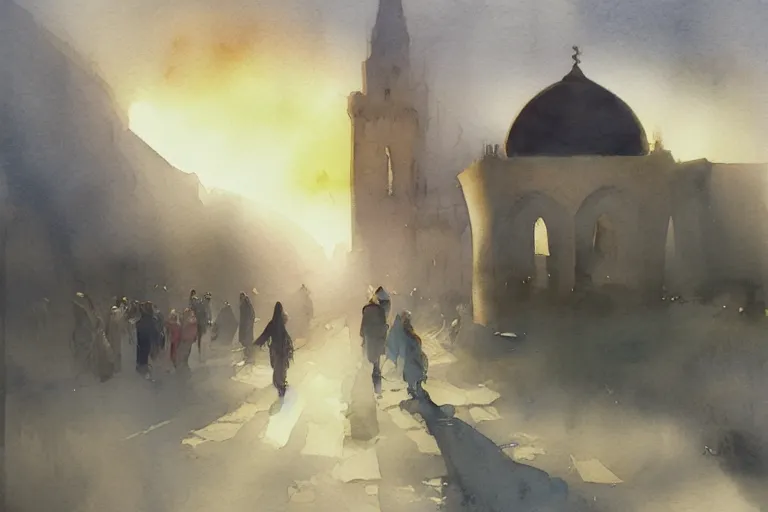 Image similar to small centered on watercolor paper, paint brush strokes, abstract watercolor painting of foggy dawn, ancient arabian mosque castle, cinematic light, national romanticism by hans dahl, by jesper ejsing, by anders zorn, by greg rutkowski, by greg manchess, by tyler edlin