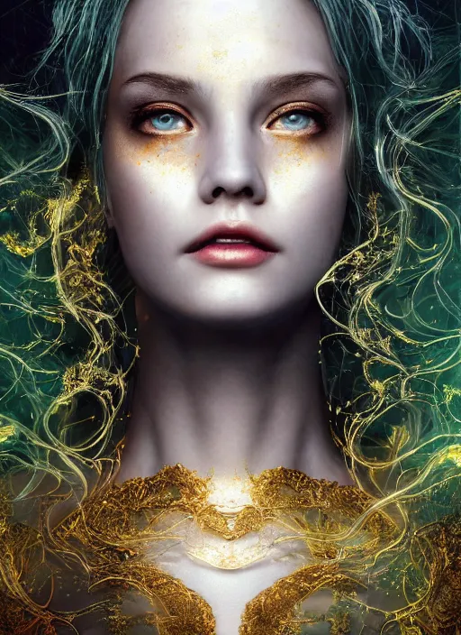 Image similar to glowing silver and golden elements, full close-up portrait, young female model from as a dark witch, book cover, green forest, white moon, red lips, establishing shot, extremly high detail, photo-realistic, cinematic lighting, pen and ink, intricate line drawings, by Yoshitaka Amano, Ruan Jia, Kentaro Miura, Artgerm, post processed, concept art, artstation, matte painting, style by eddie, raphael lacoste, alex ross