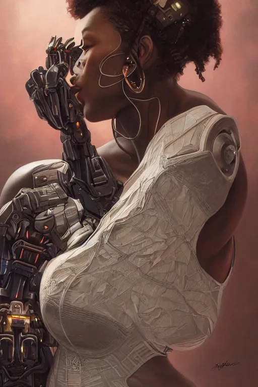 Image similar to ultra realistic illustration, closeup portrait, black mixed beautiful woman, hugging a robot, cyberpunk, sci - fi, fantasy, intricate, elegant, highly detailed, digital painting, artstation, concept art, smooth, sharp focus, illustration, art by artgerm and greg rutkowski and alphonse mucha