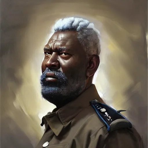 Prompt: Greg Manchess portrait painting of a large 60 year old African military general character, grey beard, medium shot, athletic, asymmetrical, profile picture, Organic Painting, dramatic light, matte painting, bold shapes, hard edges, street art, trending on artstation, by Huang Guangjian and Gil Elvgren and Sachin Teng