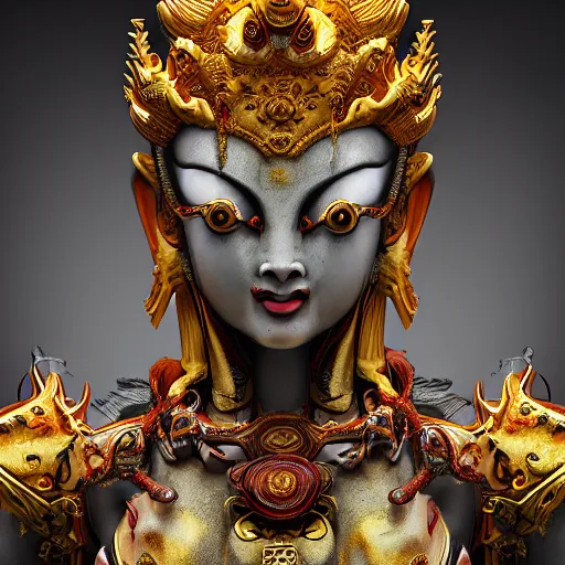 Image similar to naraka buddhist demon korean female, highly detailed, symmetrical long head, golden amber eyes, smooth marble surfaces, detailed ink illustration, raiden metal gear, cinematic smooth stone, deep aesthetic, concept art, post process, 4 k, carved marble texture and silk cloth, latex skin, highly ornate intricate details, in the style of 8 8 grzes