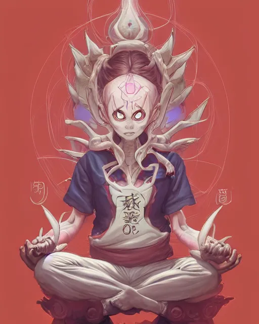 Prompt: a tiny cute demon floating while meditating and wrapped in sacred scrolls, smooth, intricate, elegant, digital painting, artstation, power runes, pulsing energy, concept art, sharp focus, octane render, illustration, art by shintaro kago and josan gonzalez, overwatch character,