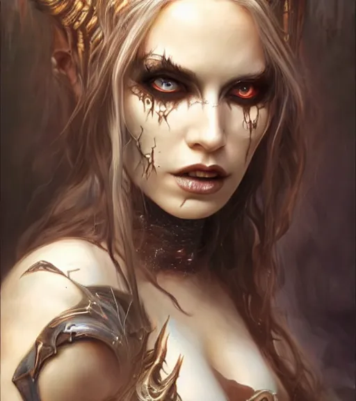 Image similar to a higly detailed airbrush full body shot and face portrait painting of a grim female sorceress with piercing eyes beautiful eyes, dynamic lighting, ambient lighting, deviantart, art by artgerm and simon bisley and karol bak