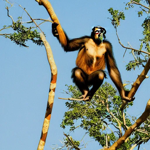 Prompt: A chimpanzee with a tree branch riding on top of a cheetah