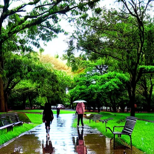 Image similar to : walking through a park after it rained