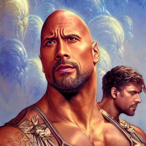 Image similar to Dwayne Johnson and Ryan Gosling Save the World, fantasy, intricate, elegant, highly detailed, digital painting, artstation, concept art, smooth, sharp focus, illustration, art by artgerm and greg rutkowski and alphonse mucha