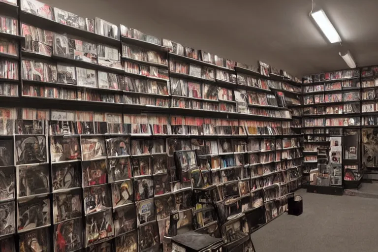 Prompt: Interior design, horror movie inspired vhs rental store, with a lot of posters and movies on the shelves, people trying to choose a good movie, hyper realistic, highly detailed, concept art, low key lighting, high dynamic range, depth of field